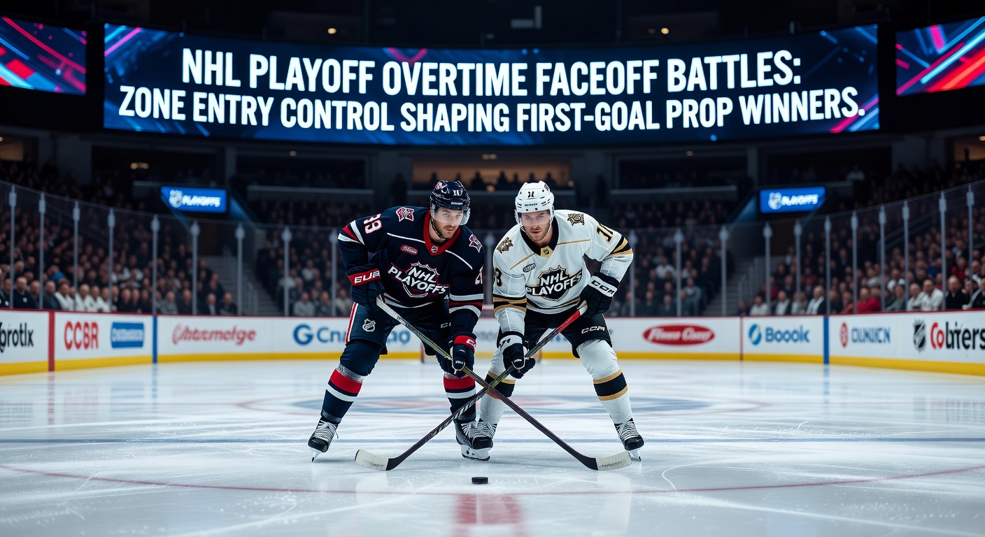 Dynamic zone entry in NHL overtime, player carrying puck past defender into offensive zone