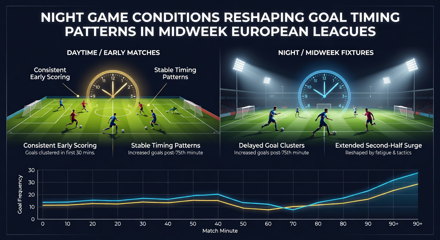 Night conditions under floodlights affecting midweek European league matches and goal timing patterns