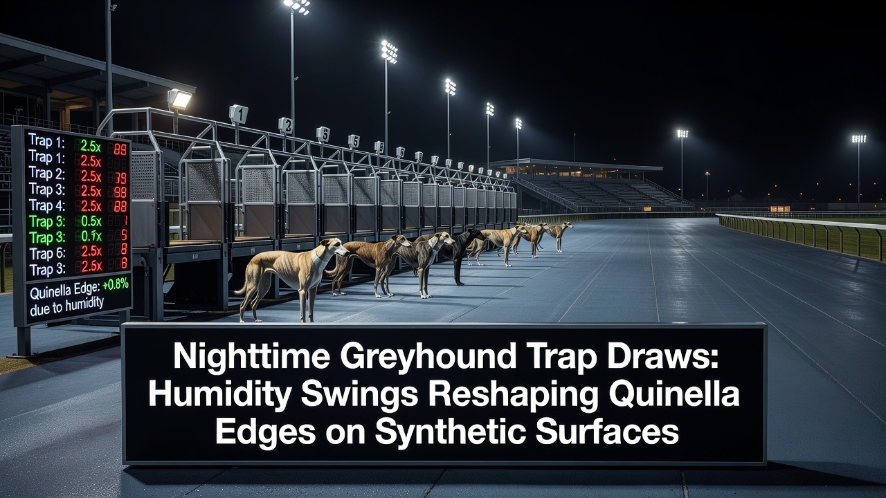Greyhound racing at night on a synthetic track with trap gates visible under stadium lights