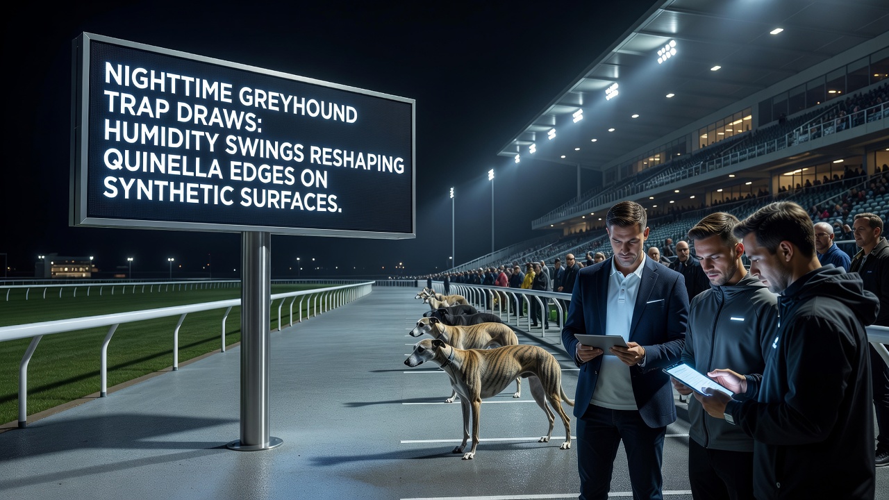 Close-up of synthetic greyhound track surface showing texture and moisture patterns under evening lighting