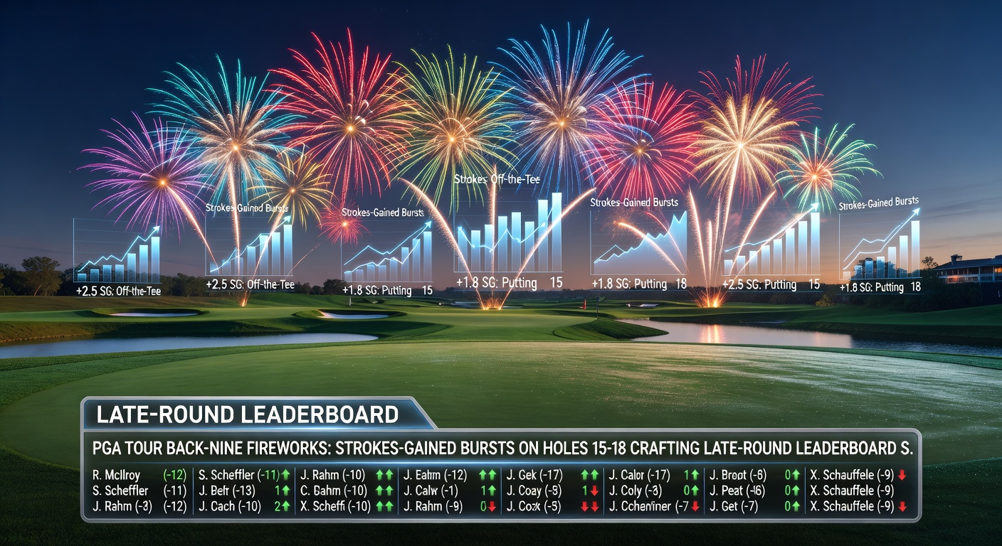 PGA Tour player executing a critical birdie putt on back-nine hole 17 during a final-round charge, leaderboard shifting in real-time