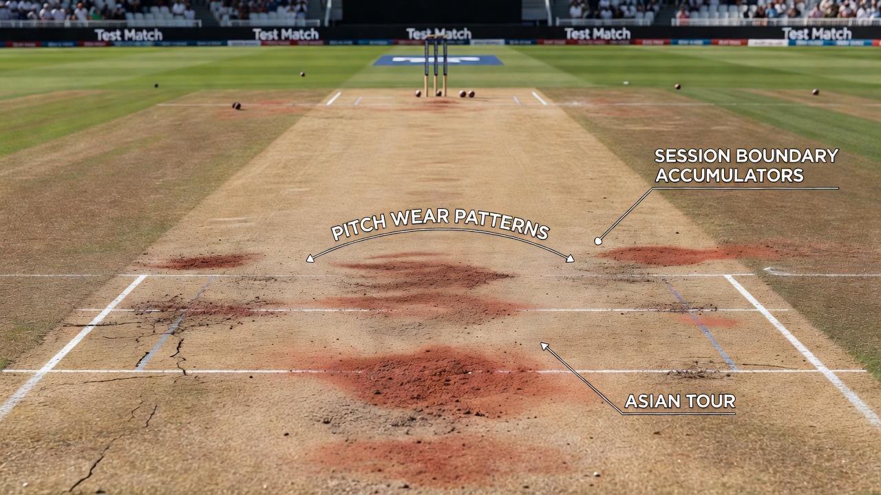 Detailed view of cricket pitch cracks and wear in later test match sessions