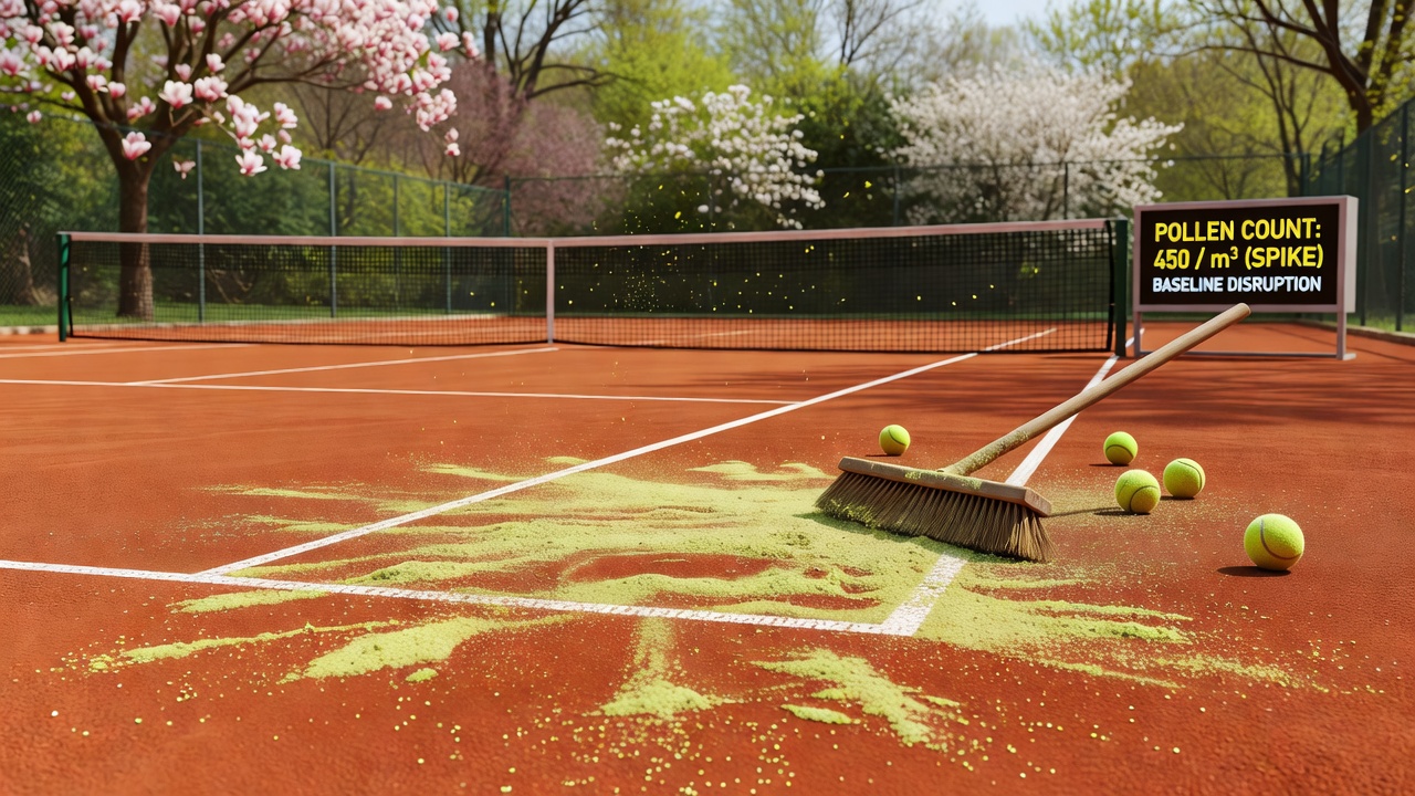 Clay court tennis rally affected by environmental conditions during pollen season