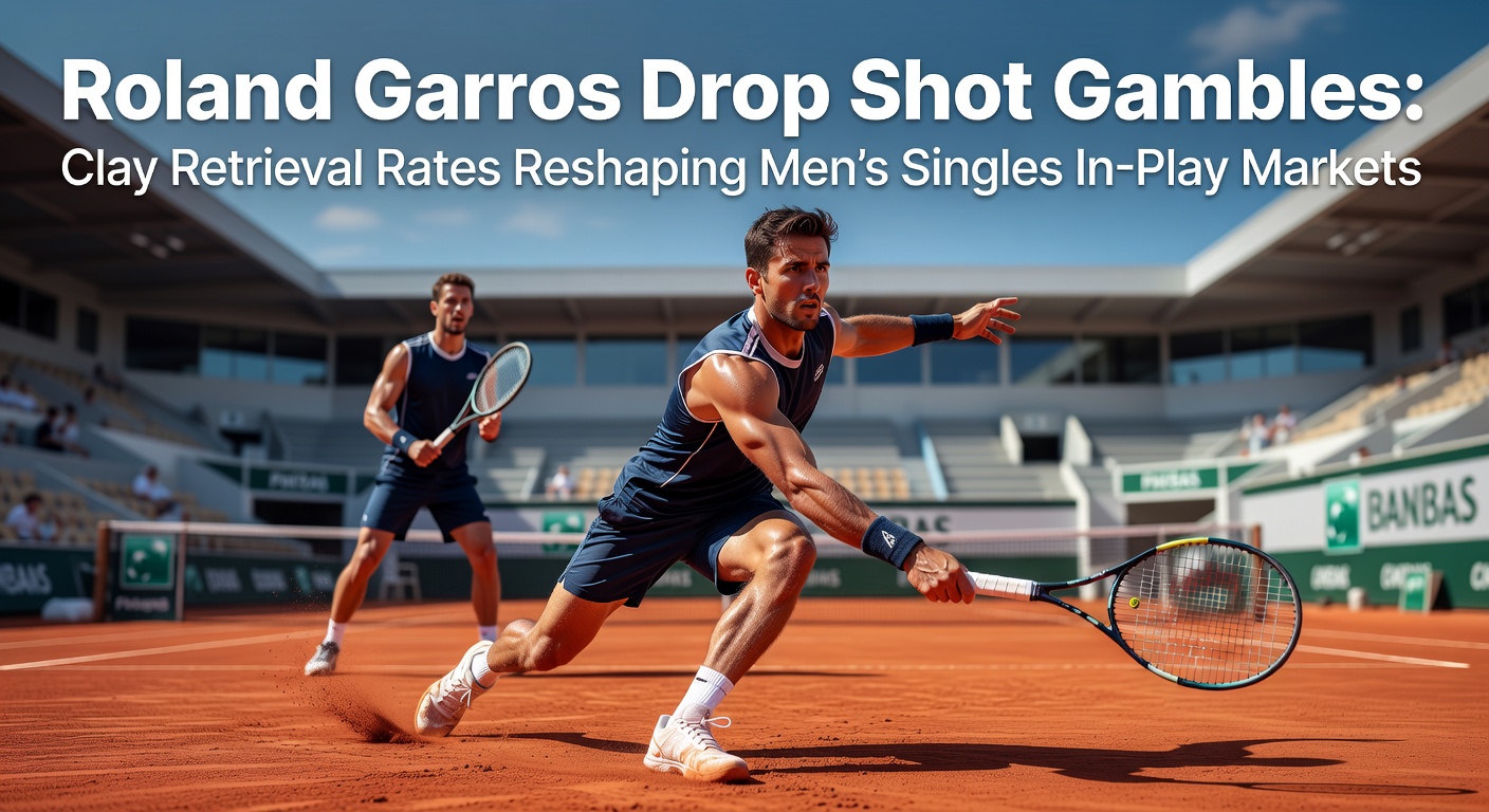 Player executing a precise drop shot on the red clay at Roland Garros, with opponent scrambling to retrieve it