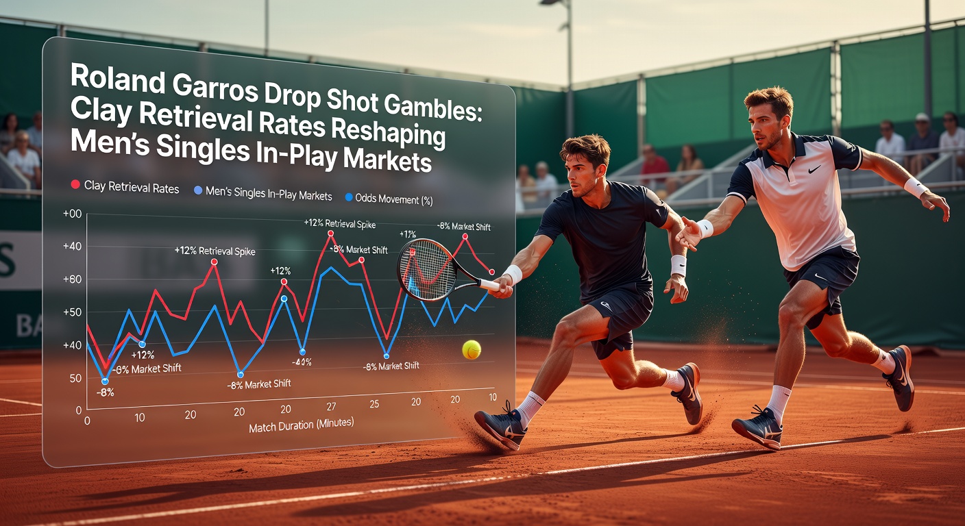 Close-up of a Roland Garros men's singles rally featuring a drop shot retrieval on clay, crowd in background