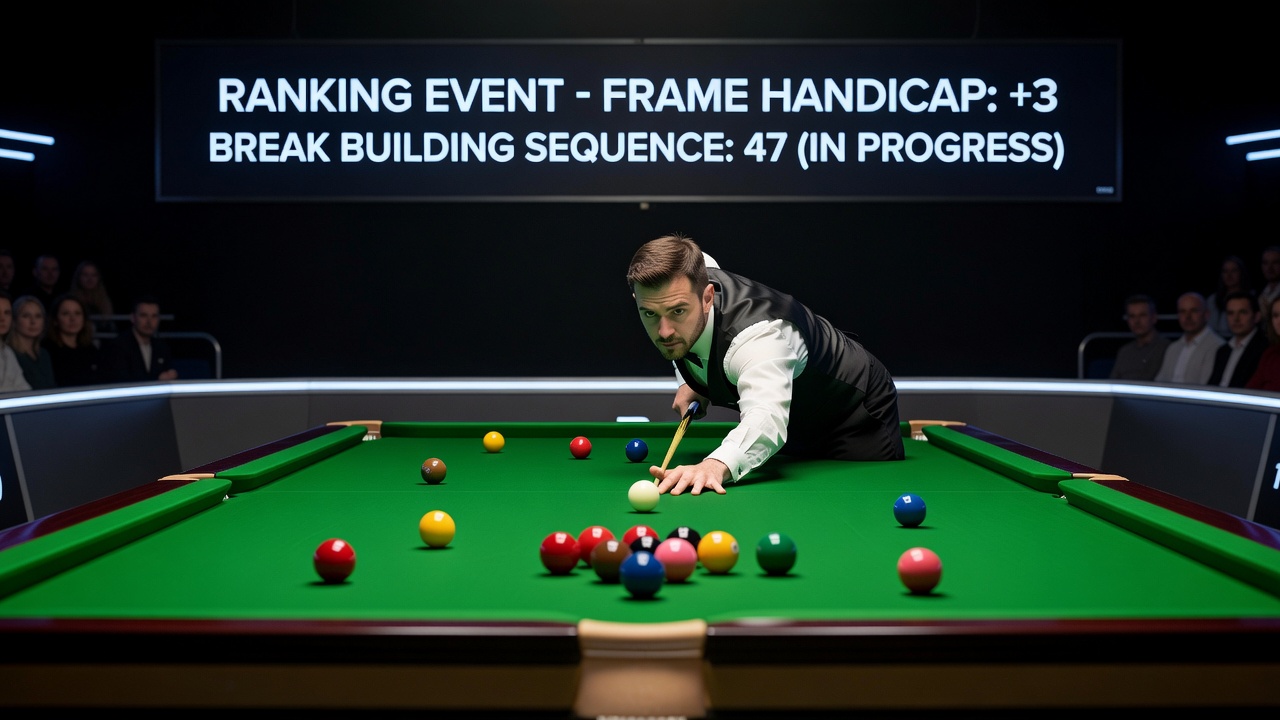 Detailed view of snooker table showing break building positions and ball layout in a ranking tournament setting