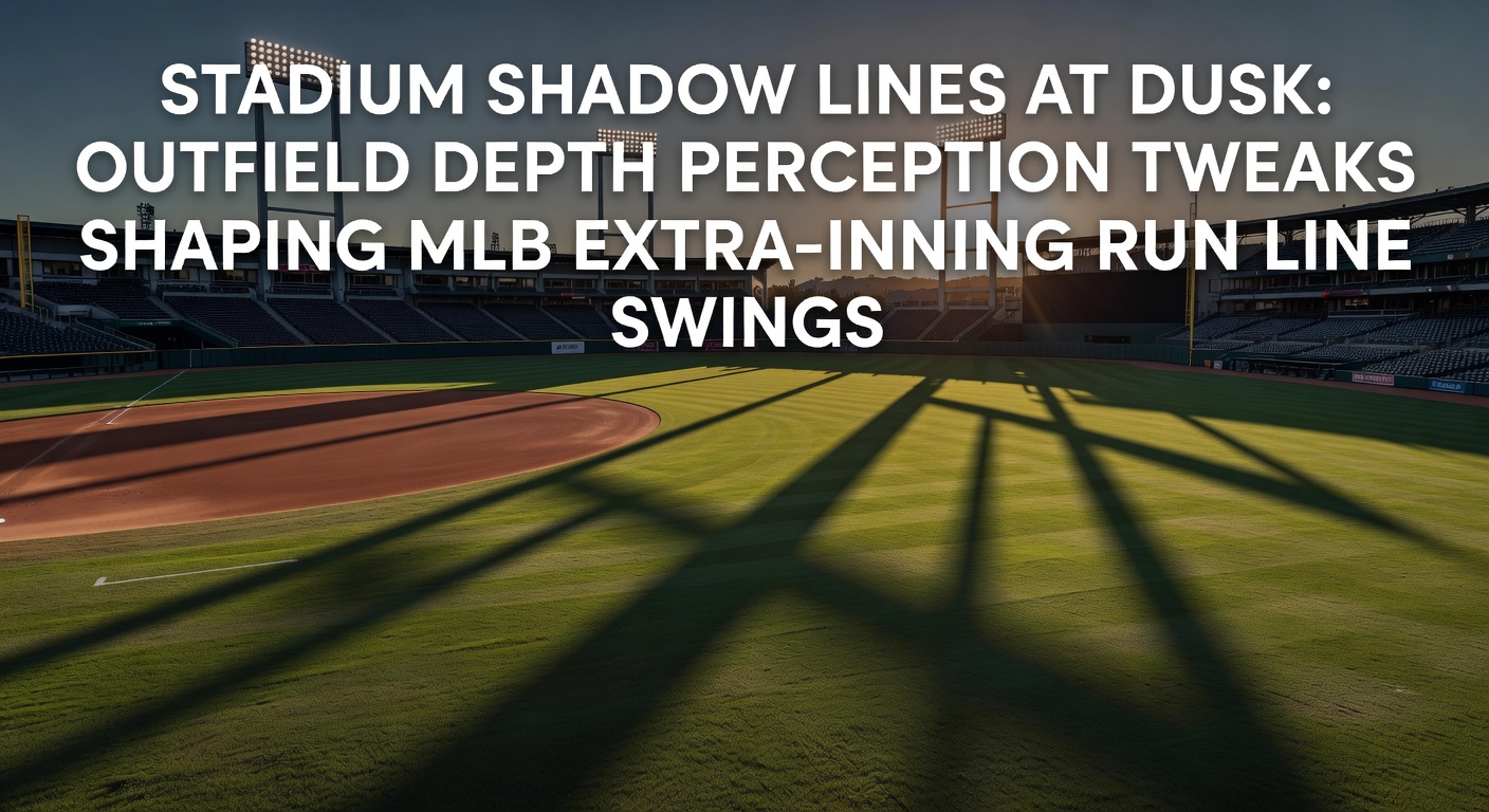 Outfielders adjusting to shifting shadow lines across a baseball stadium at dusk during an MLB game