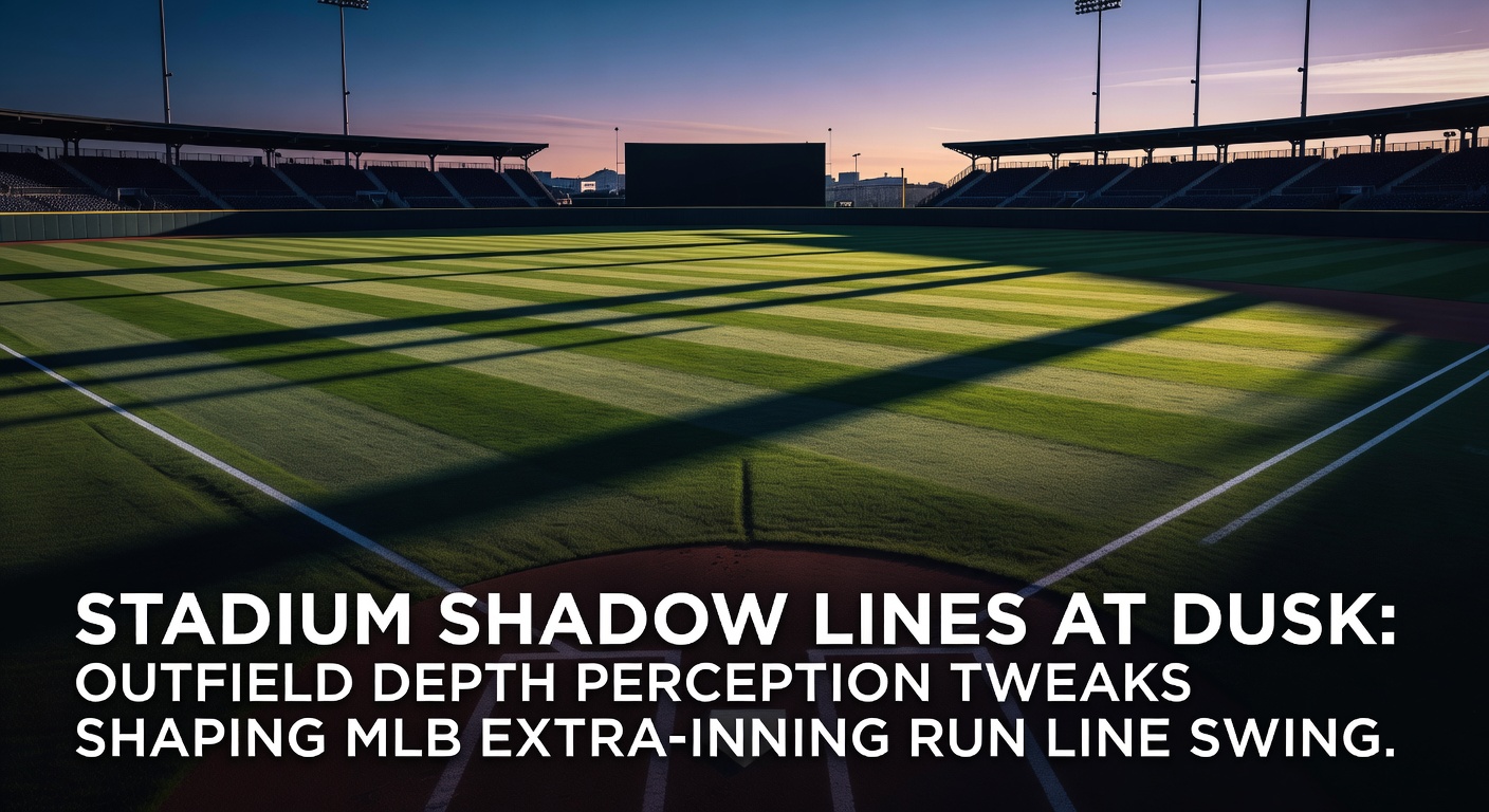 Twilight shadows stretching across an MLB outfield as players reposition during extra innings