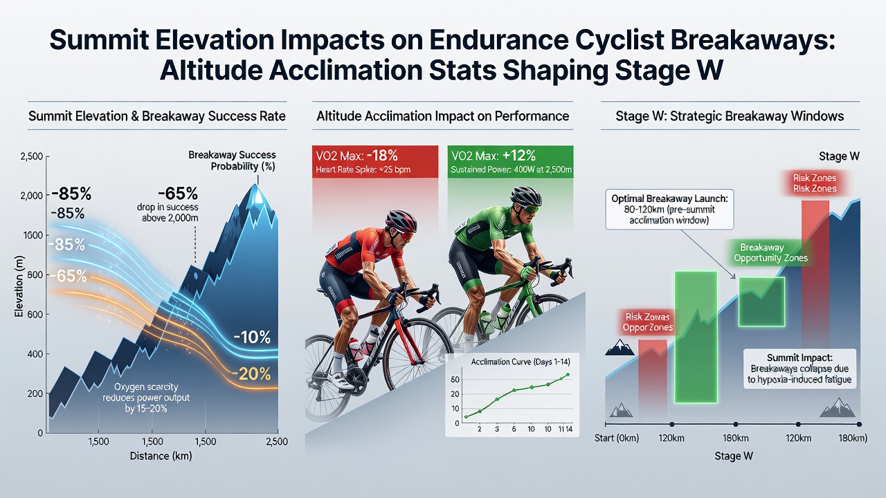 Cyclists maintaining breakaway pace on an elevated mountain pass with telemetry overlays