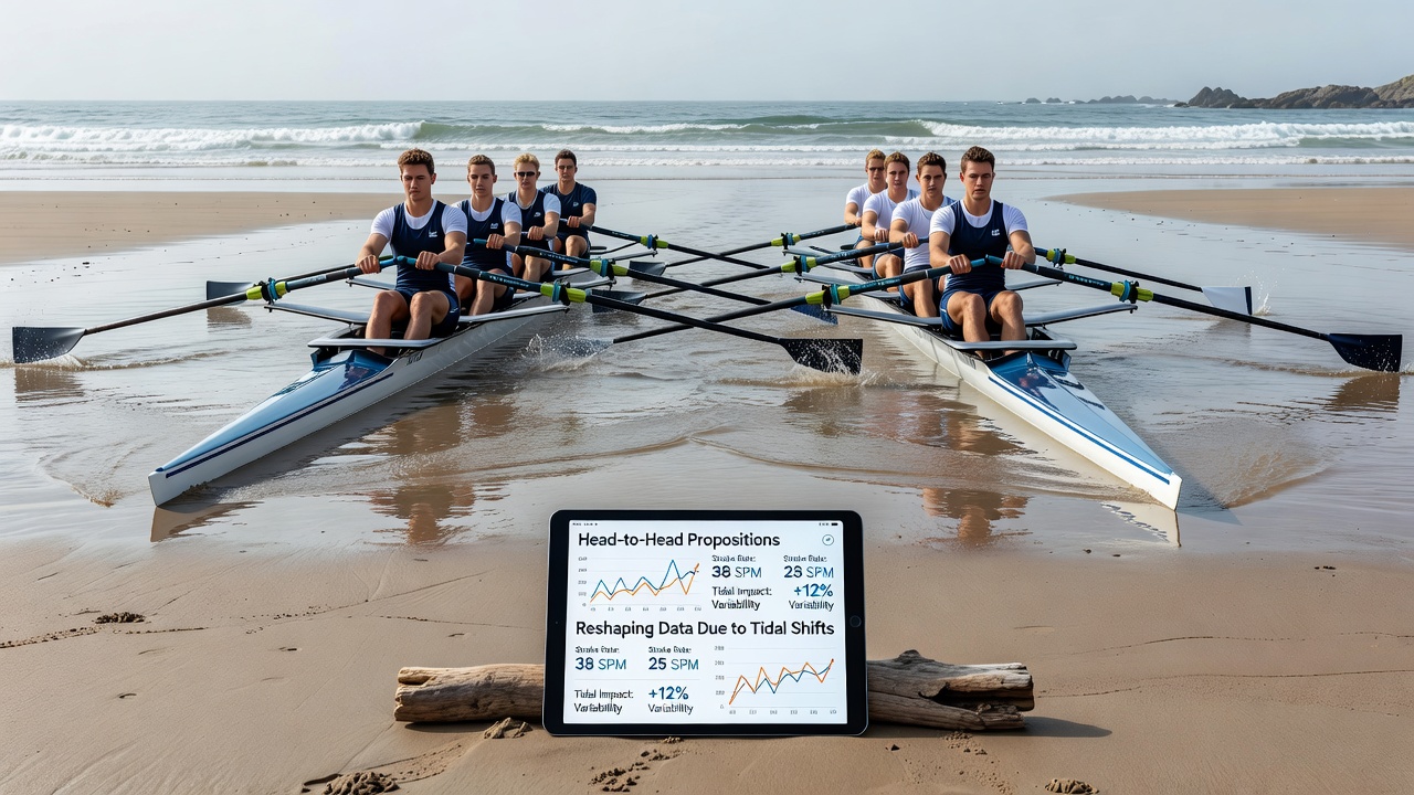 Coastal rowing crews navigating changing tidal flows during a regatta