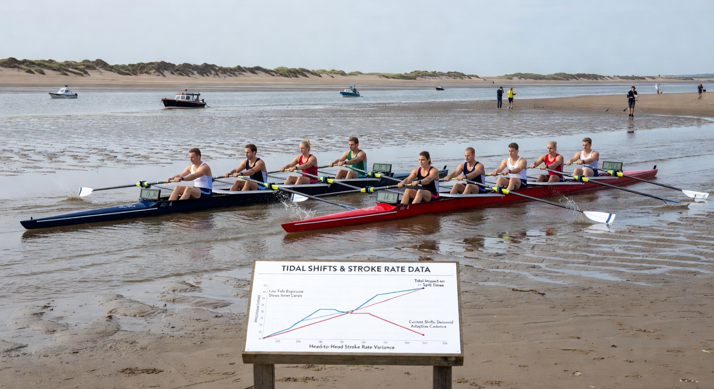 Rowing crews adjusting stroke rates amid visible tidal currents in a coastal competition