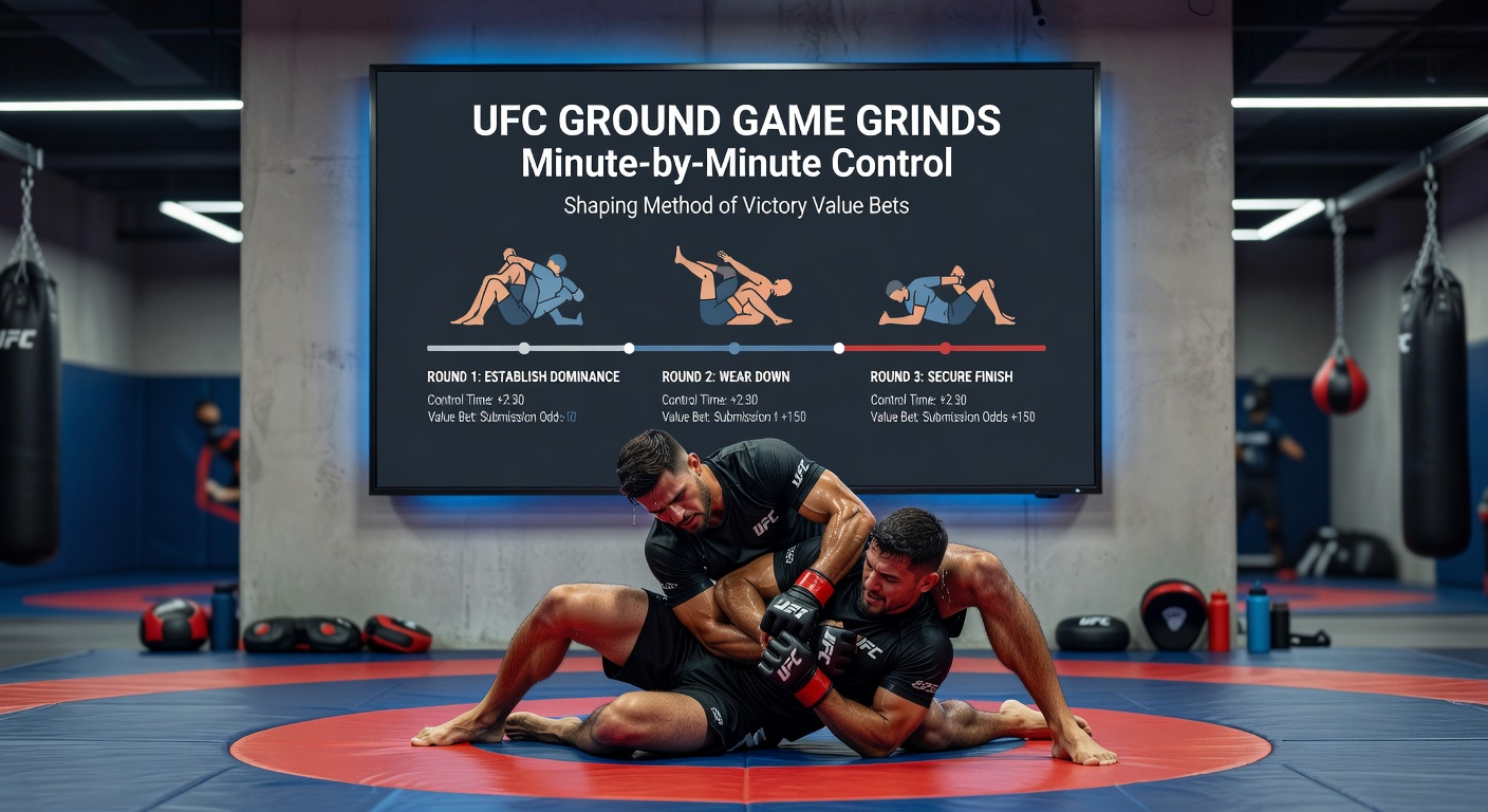 Close-up of a UFC grappler securing side control, clock ticking as control time mounts in a championship grind
