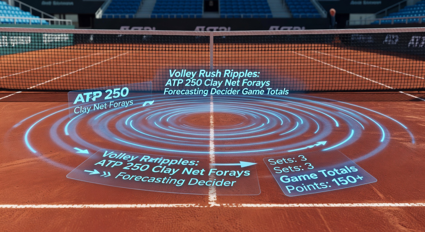 A tennis player mid-volley at the net on a clay court during an ATP 250 match, capturing the intensity of a net rush in a deciding set