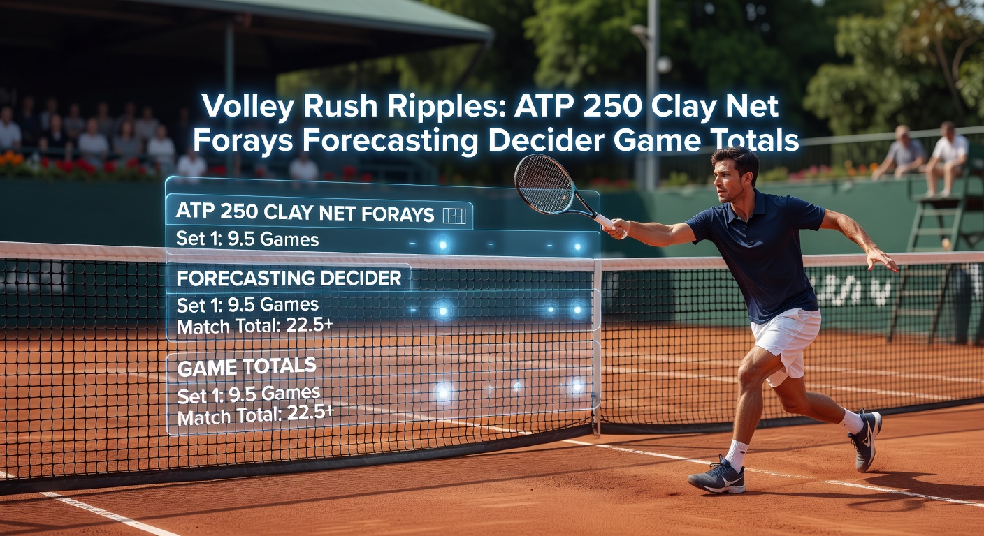 Close-up of a decisive volley winner on clay, with the net cord framing the ball's trajectory in an ATP 250 decider