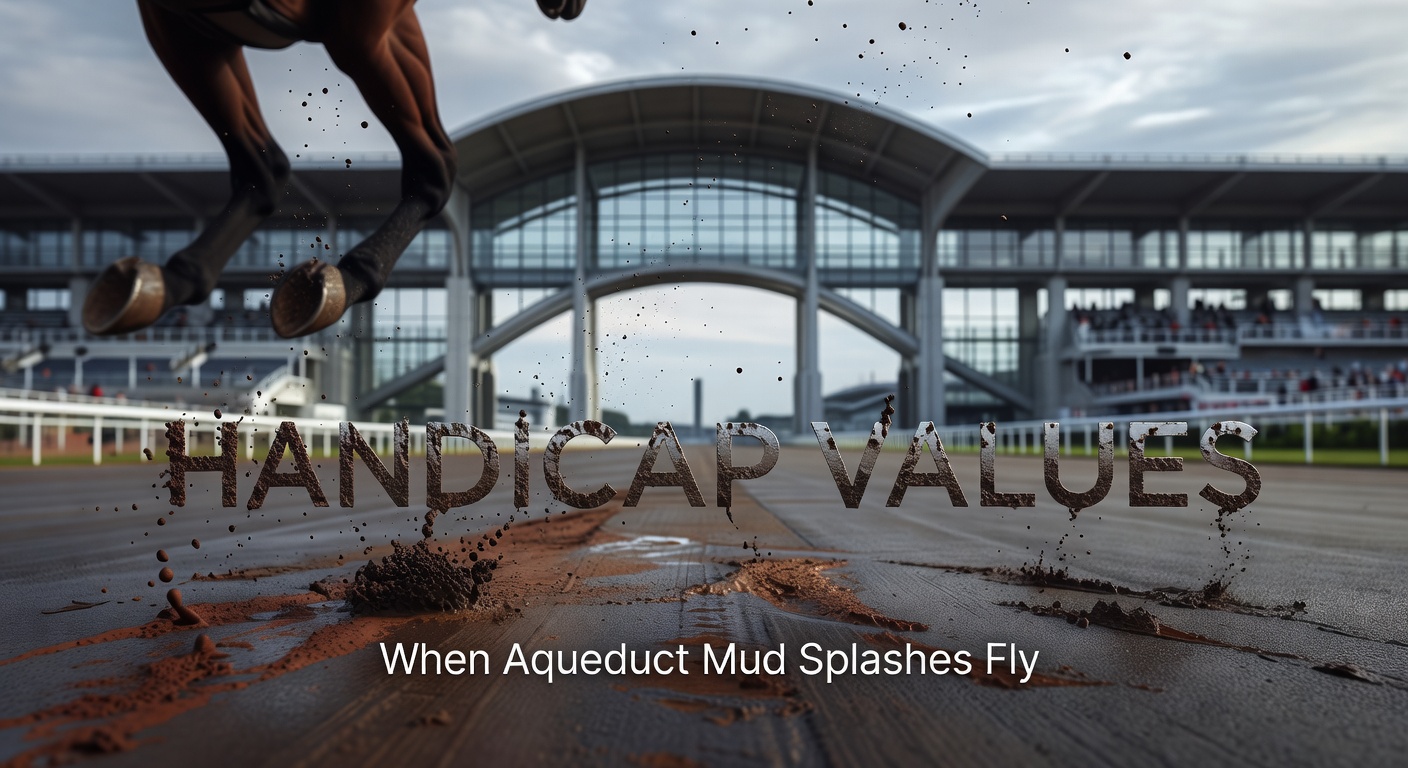 Horses charging through deep mud at Aqueduct Racetrack, splashes flying high as they navigate the sloppy inner track during a winter allowance race