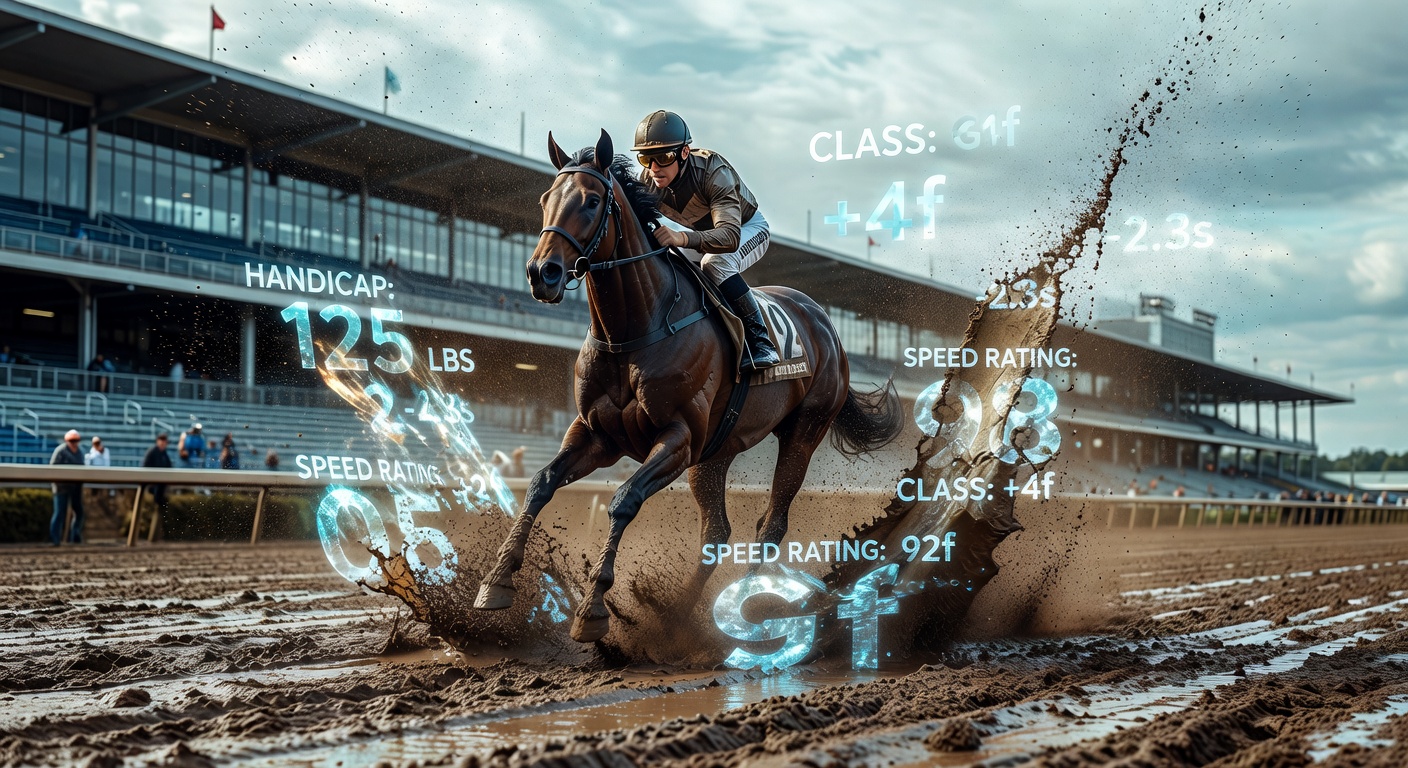 Jockey wiping mud from face atop a stalking closer rounding Aqueduct's final turn in heavy slop, crowd blurred in background under rainy skies