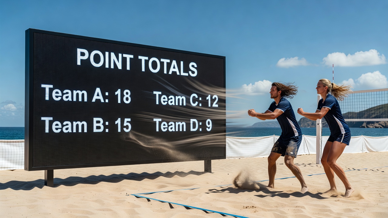 Beach volleyball players competing under windy coastal conditions during a tournament match