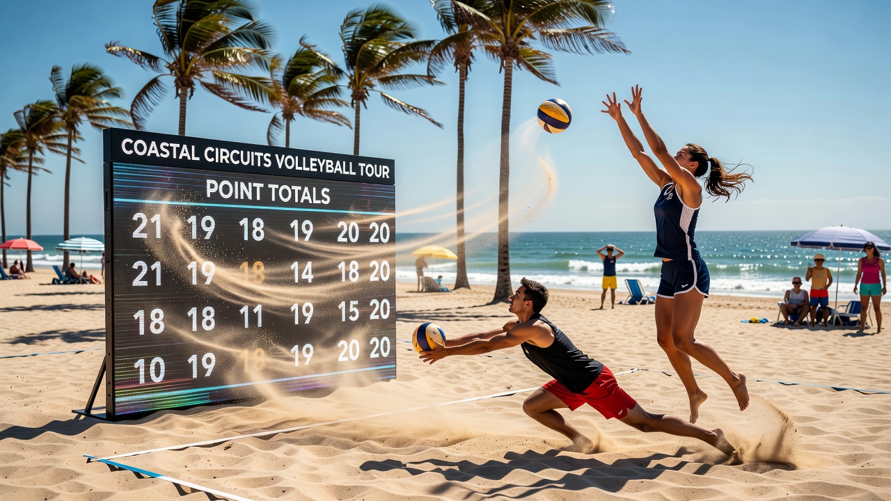 Coastal beach volleyball court showing wind flags and players adapting to changing conditions